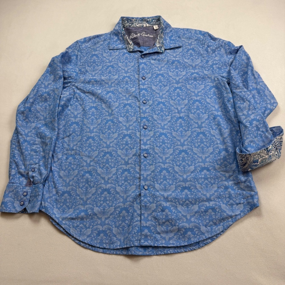 Robert Graham Mens Large Blue Damask Jacquard Button Down Shirt Classic Fit